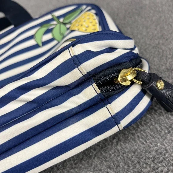 Tory Burch Cosmetic Bag Travel Toiletry Organizer Blue White Stripe Fruit Print - Picture 11 of 16